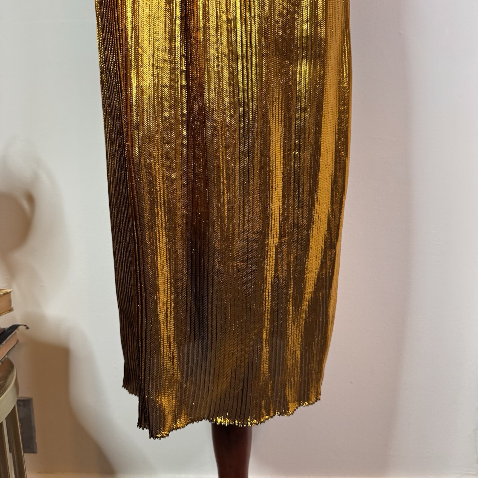 Cedric Charlier Gold Metallic Pleated Midi Dress NWT Size 40 US 6 SS 2018