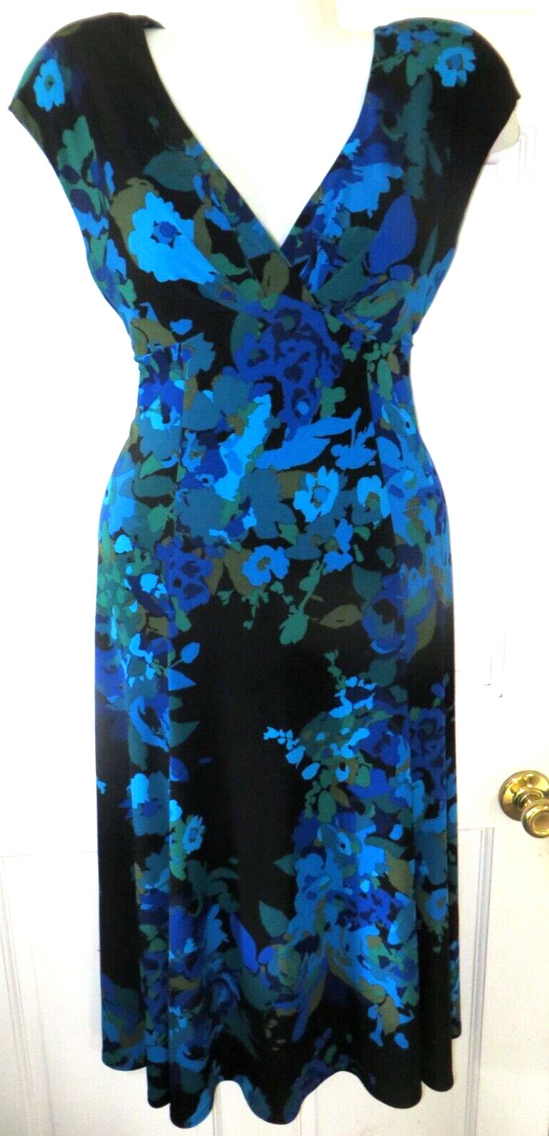 Jones New York Blue Print High Waist Surplice Princess Seams Flared Dress Sz 6