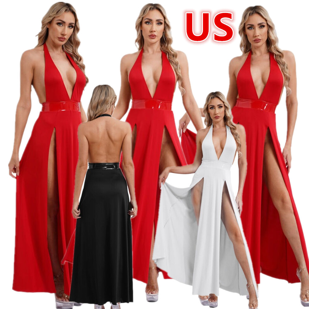 US Women Deep V Neck High Split Nightclub Dress Halter Maxi Cocktail Party Dress