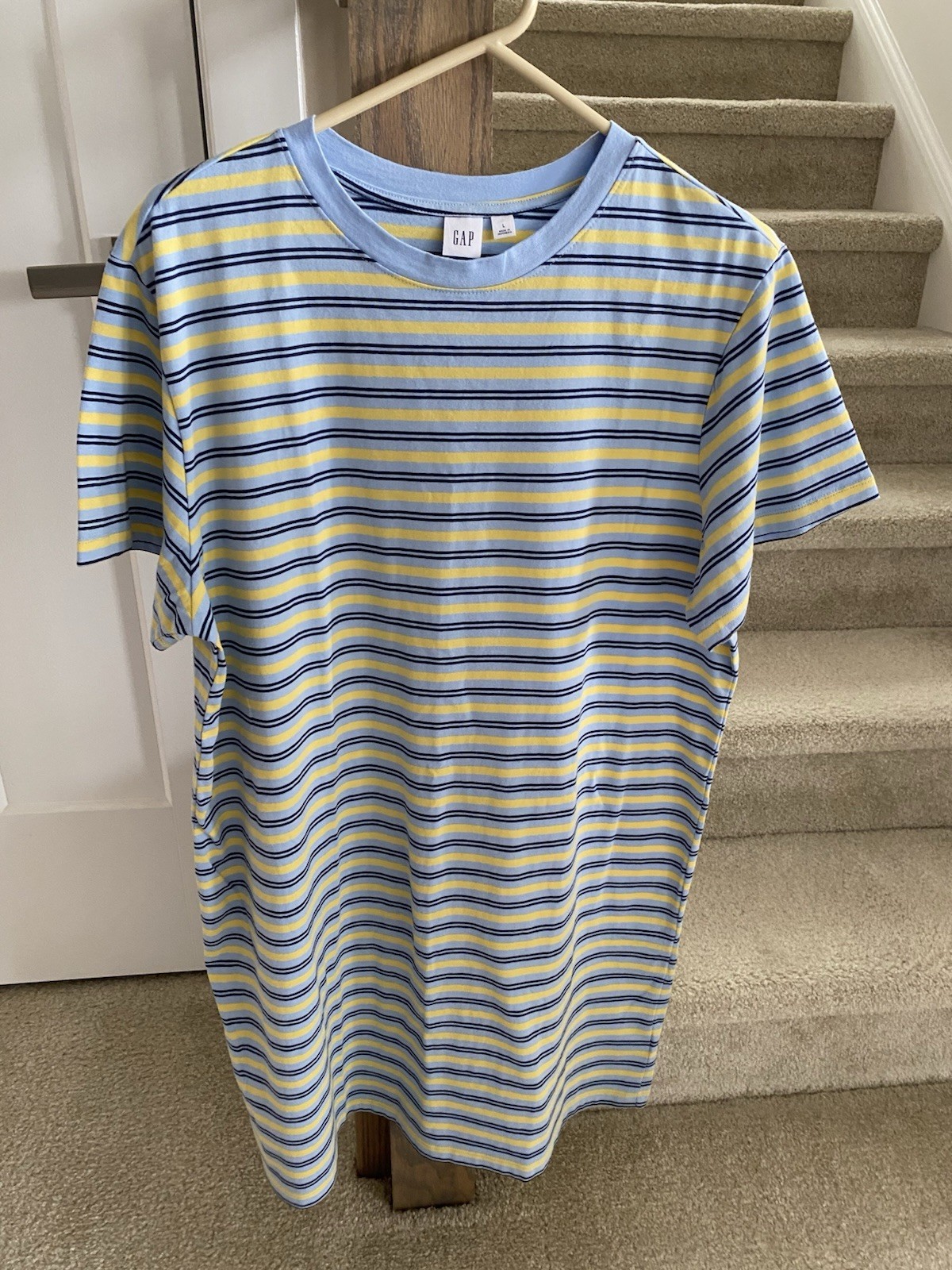 Gap T-Shirt Dress Blue and Yellow Striped 100% Cotton Size L NWT