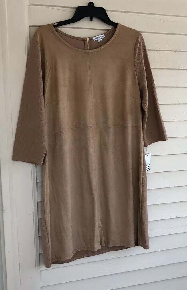 ophelia roe NWT Dress Beige Tan Camel Lt Brown Faux Suede 3/4 Sleeve Shift Midi