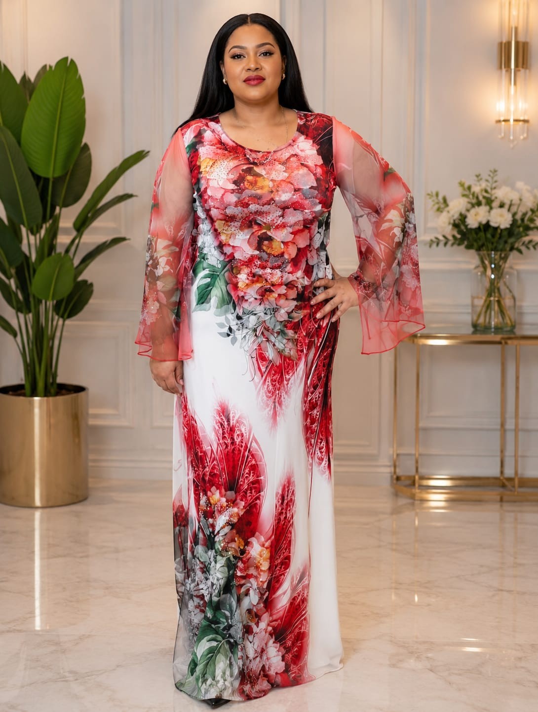 Women’s Turkish Floral Maxi Dress Red White Rhinestone Formal Church Gown EU 44