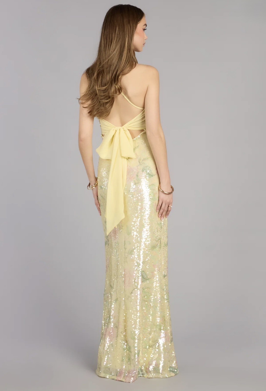 Windsor Brinley Bow Back Floral Sequin Column Gown S Yellow Formal Dress -NEW-