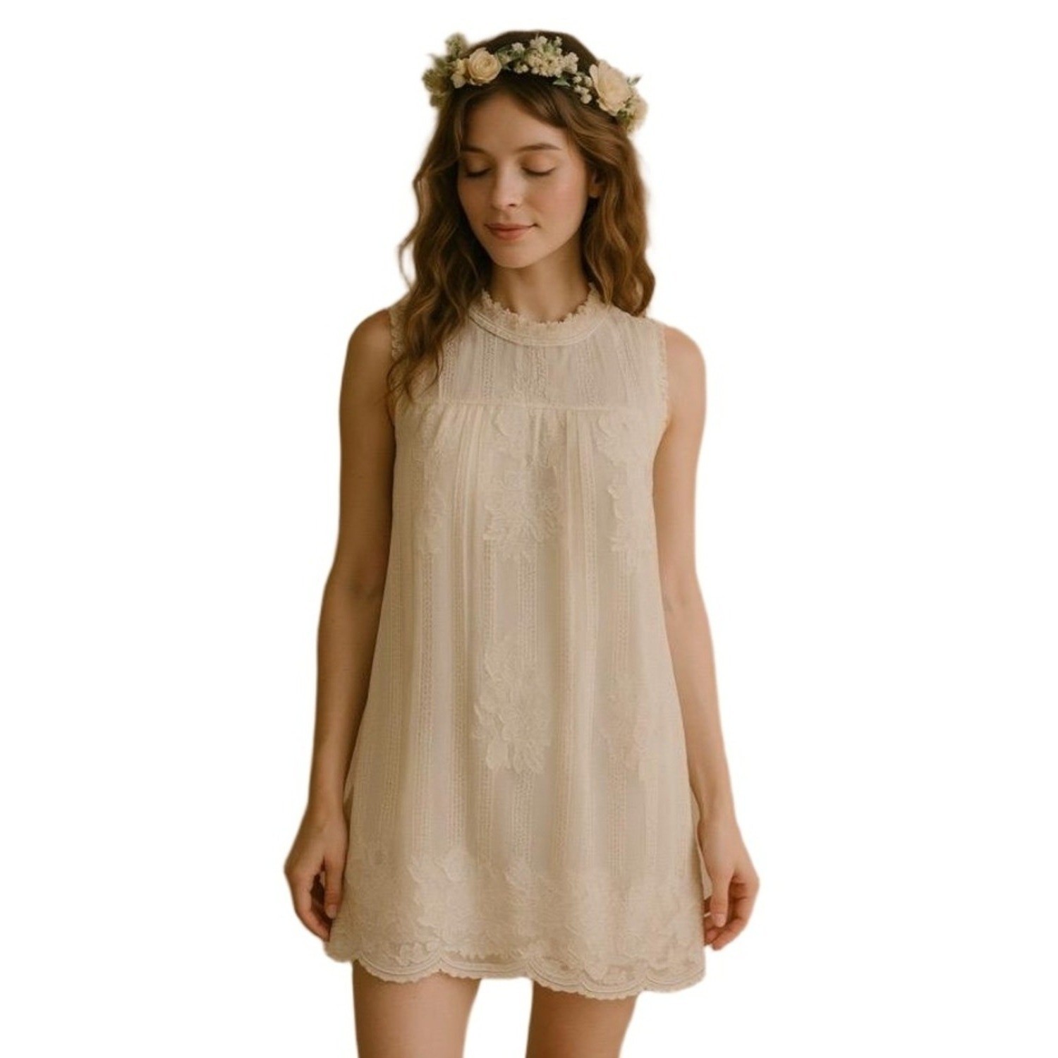White Lace Overlay High Neck Cottage Core Peasant Sleeveless Dress Womens XXL