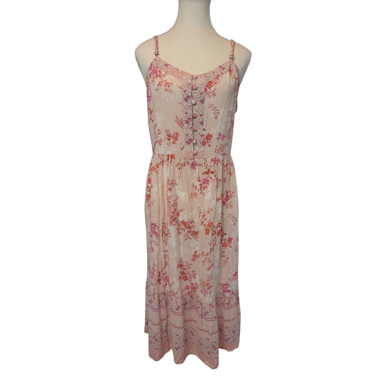 Wonderly Floral Midi Dress Pink Peach Boho Tiered Button Front Sun Dress