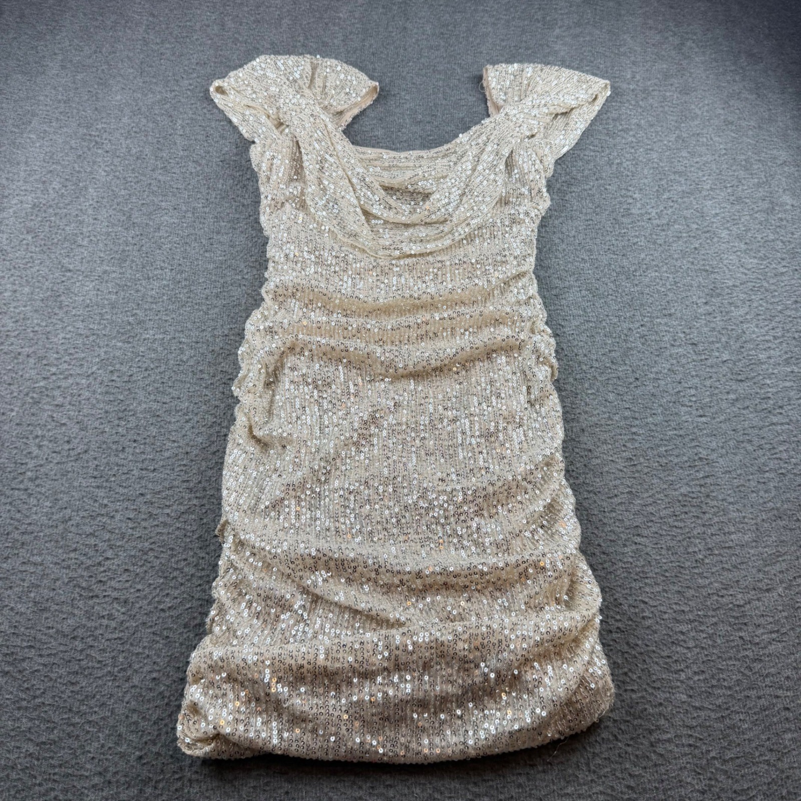 Hello Molly Sequin Ruched Dress Women’s US 6 Champagne Gold Cowl Neck Mini Dress