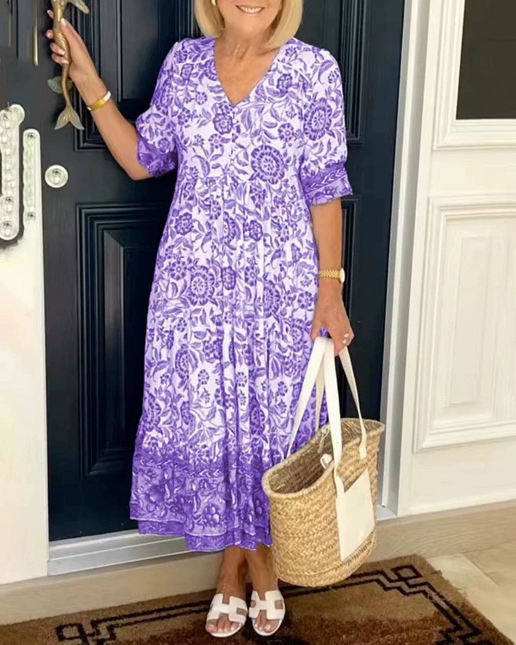 Ladies’ casual temperament commuting long floral tie dye printed dress NEW++-@@