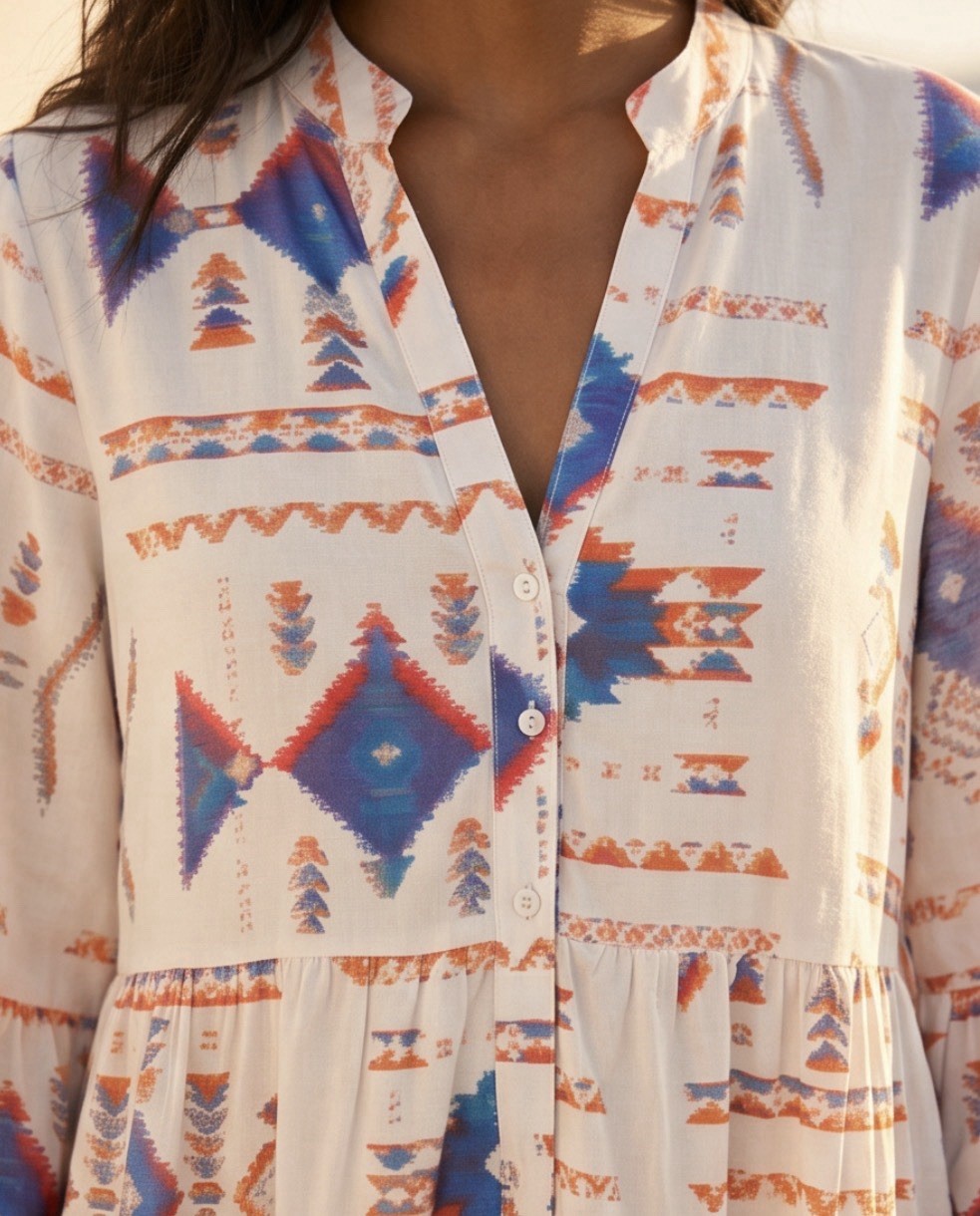 Boho Geometric Tribal Print Tiered Dress V-Neck Bell Sleeve Womens Medium NWOT