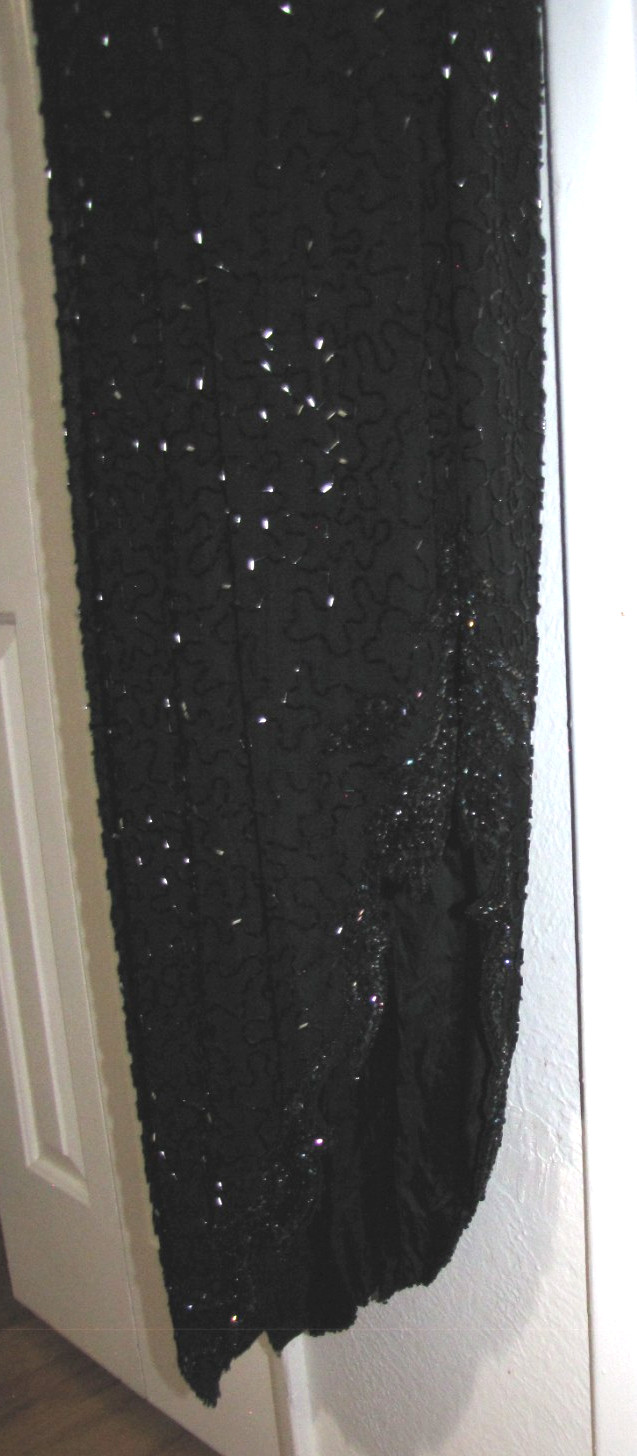 Vtg AJ. BARI Beaded & Sequin Silk Black Formal Maxi Gown Diagonal-hem Wm. 10