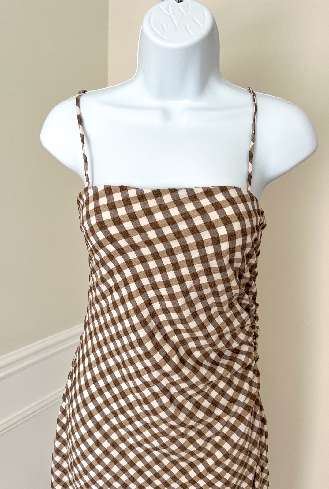 NWT ZARA Sleeveless Gingham Midi Dress Brown White Ruched Slit Women’s Medium
