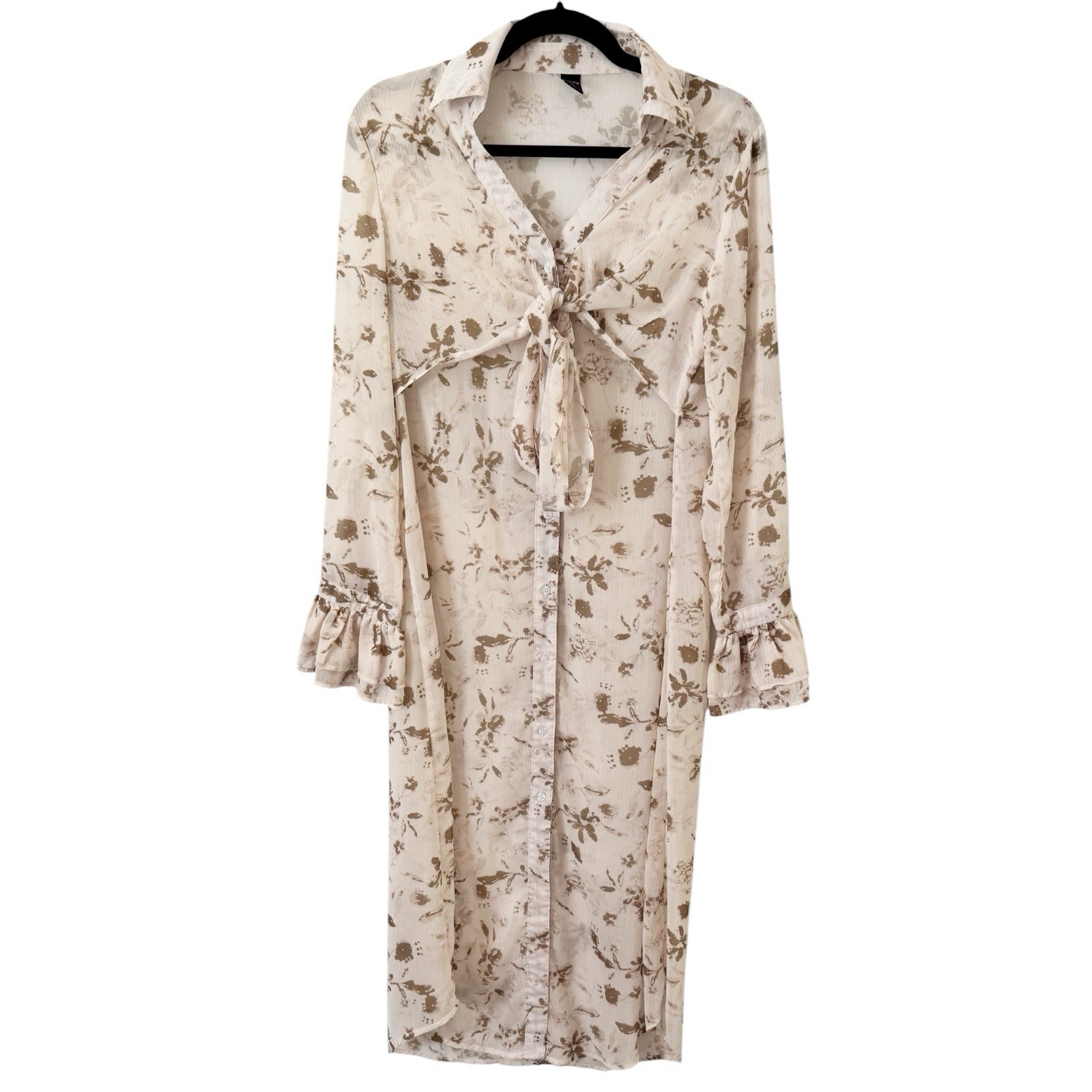 Dazy Sheer Floral Button Front Long Duster Blouse Tie Front Women’s Size Large