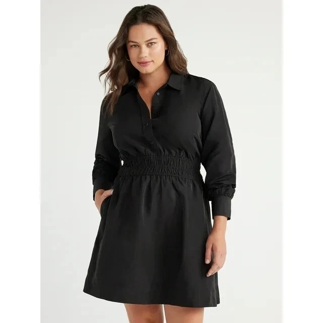 FREE ASSEMBLY – SIZE: S – Black Mini Shirt Dress With Smocked Waist & Pockets!