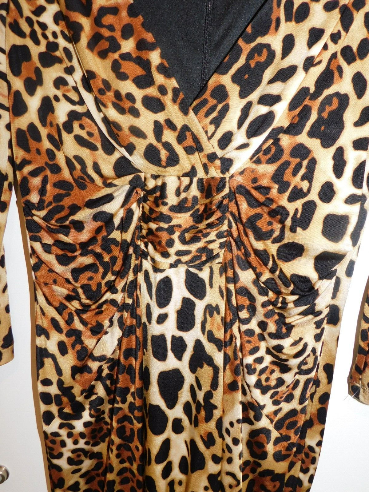 David Meister Animal Print Ruched Cross Over V-Neck 12 Jersey Knit Dress
