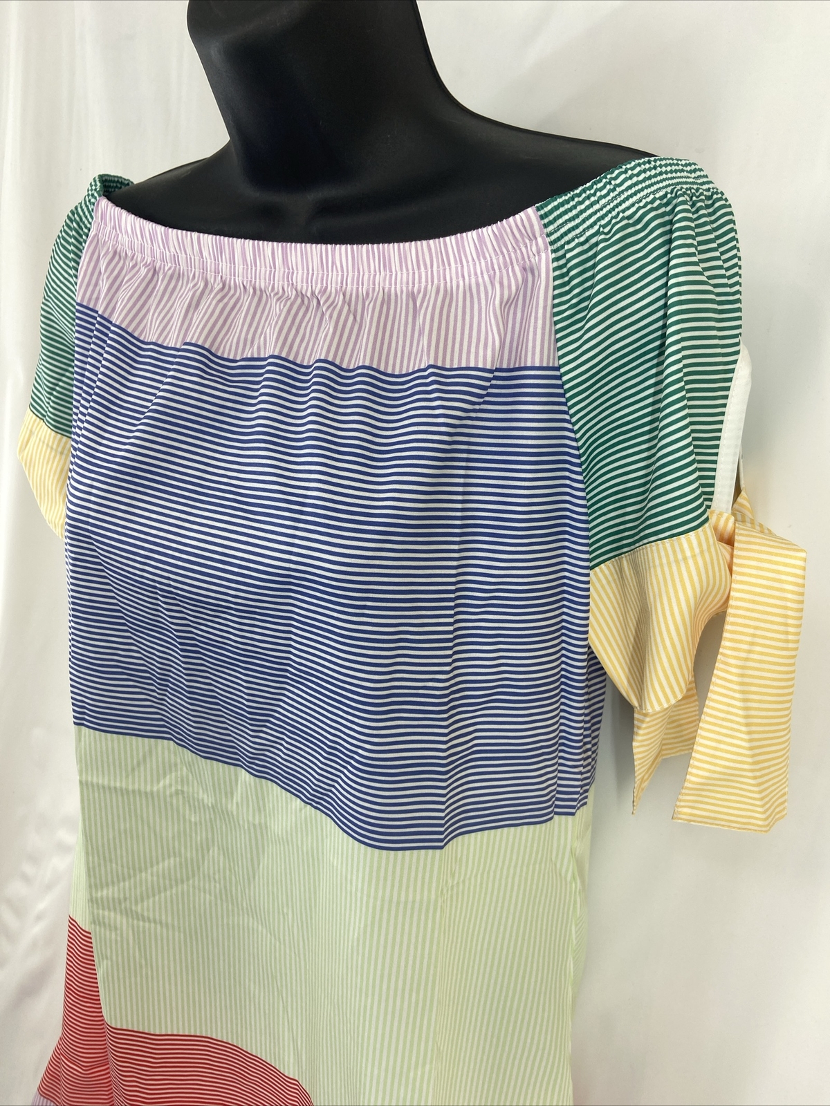 Women’s M Pullover Off Shoulder Shift Sundress Petal Sleeve Striped Colorblock