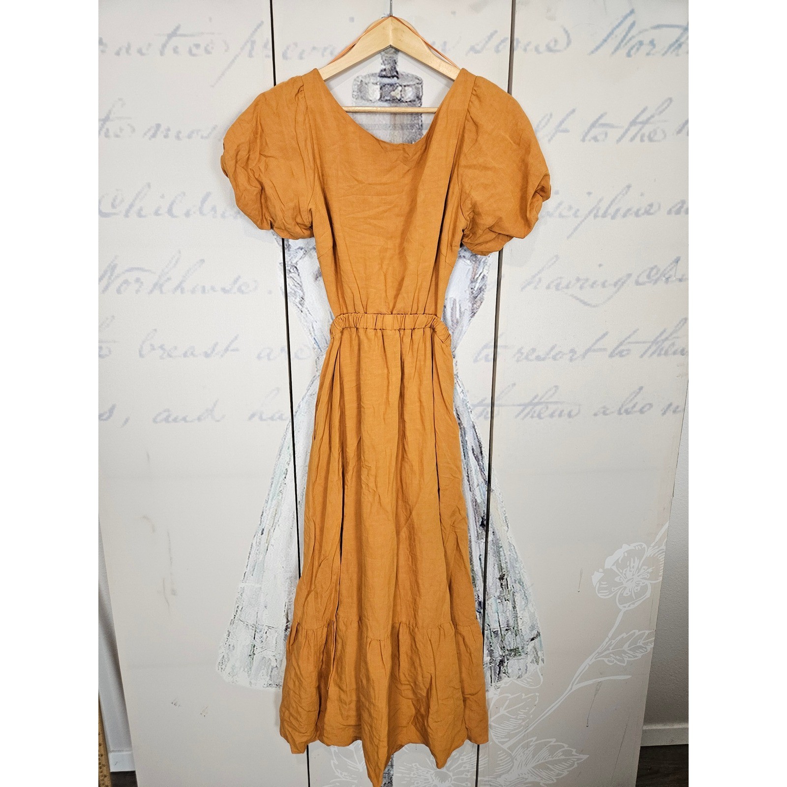 ASTR the Label Camel Linen Blend Puff Sleeve Open Back Dress Large