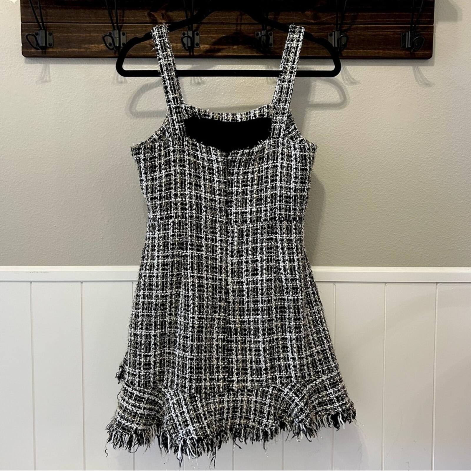 AQUA Metallic Tweed Square Neck Black White and Metallic Mini Dress
