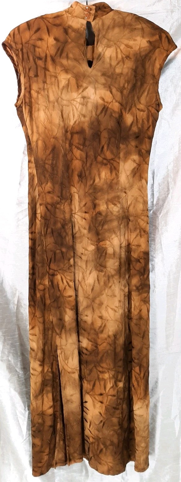 VTG MICHAEL BLAIR Sz14 Oriental Cheongsam Qipao Maxi Dress Mandarin Collar Brown