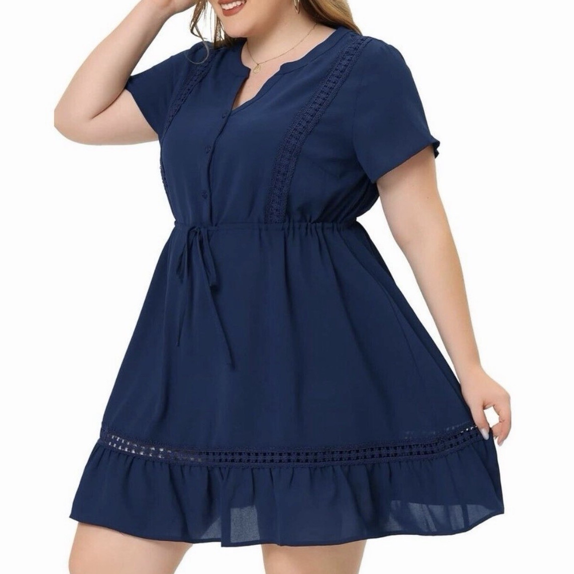 Agnes Orinda Women’s Plus 3X Blue V-Neck Shift Dress Button Lace Trim