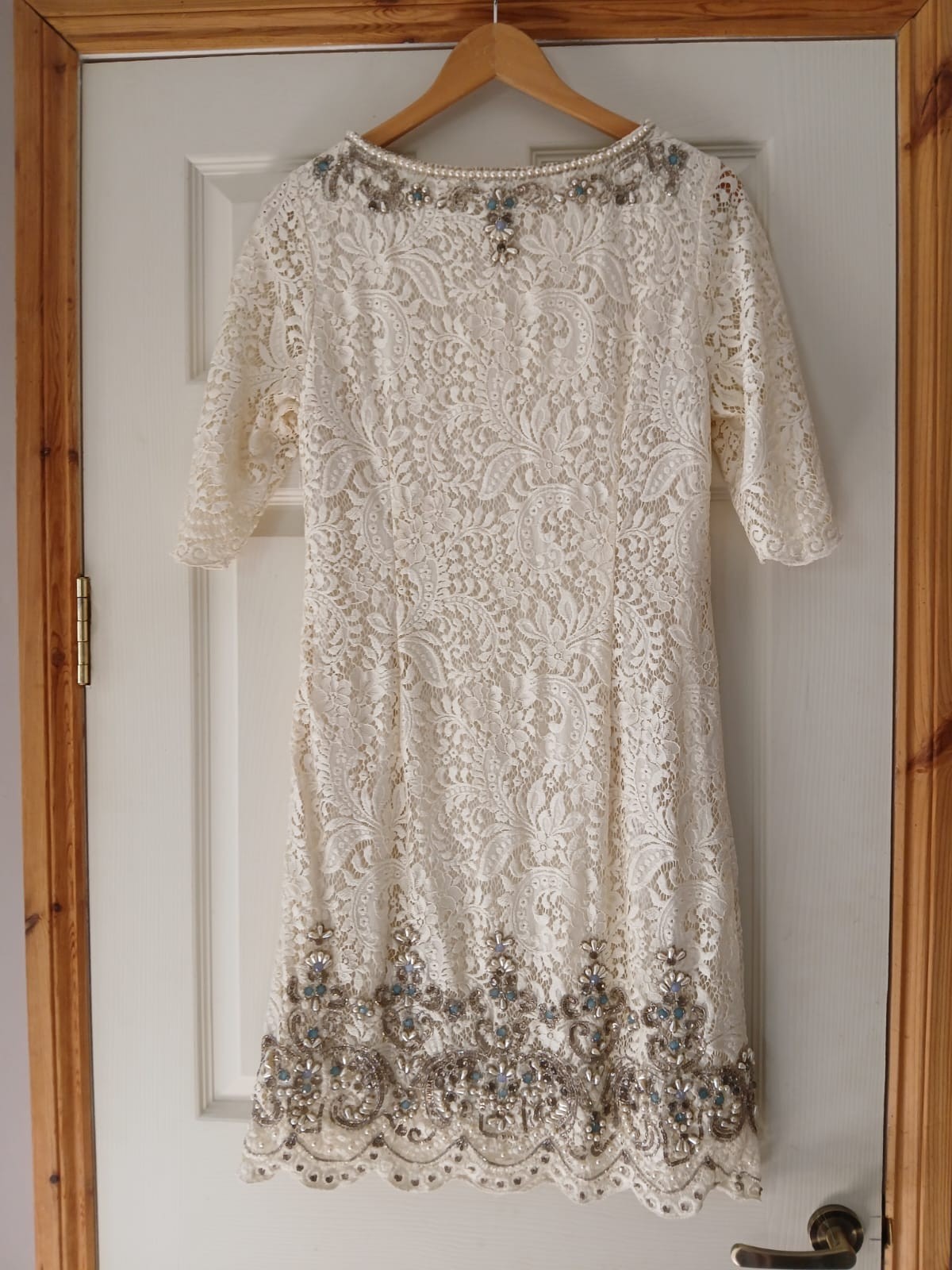 Monsoon Ivory Lace Shift Dress Beaded Sequin Pearl Round Neck 3/4 UK 10