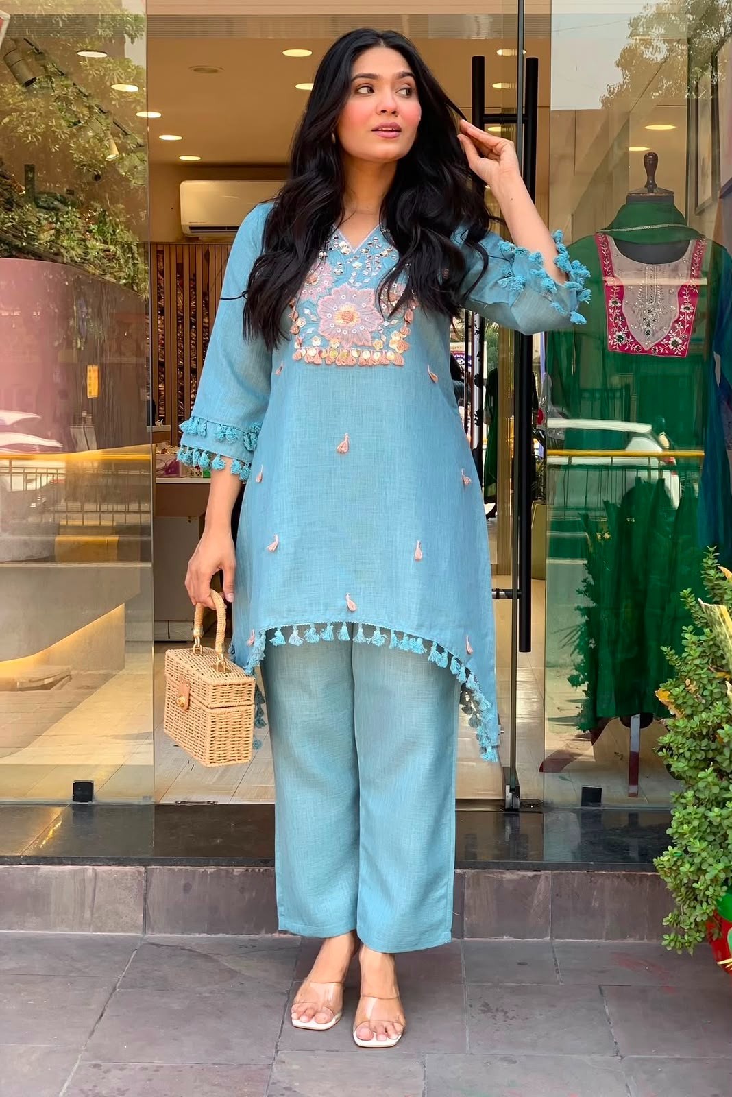 Women’s Sky Blue Embroidered Kurta Pant Set Cotton Ethnic Indian Casual Wear