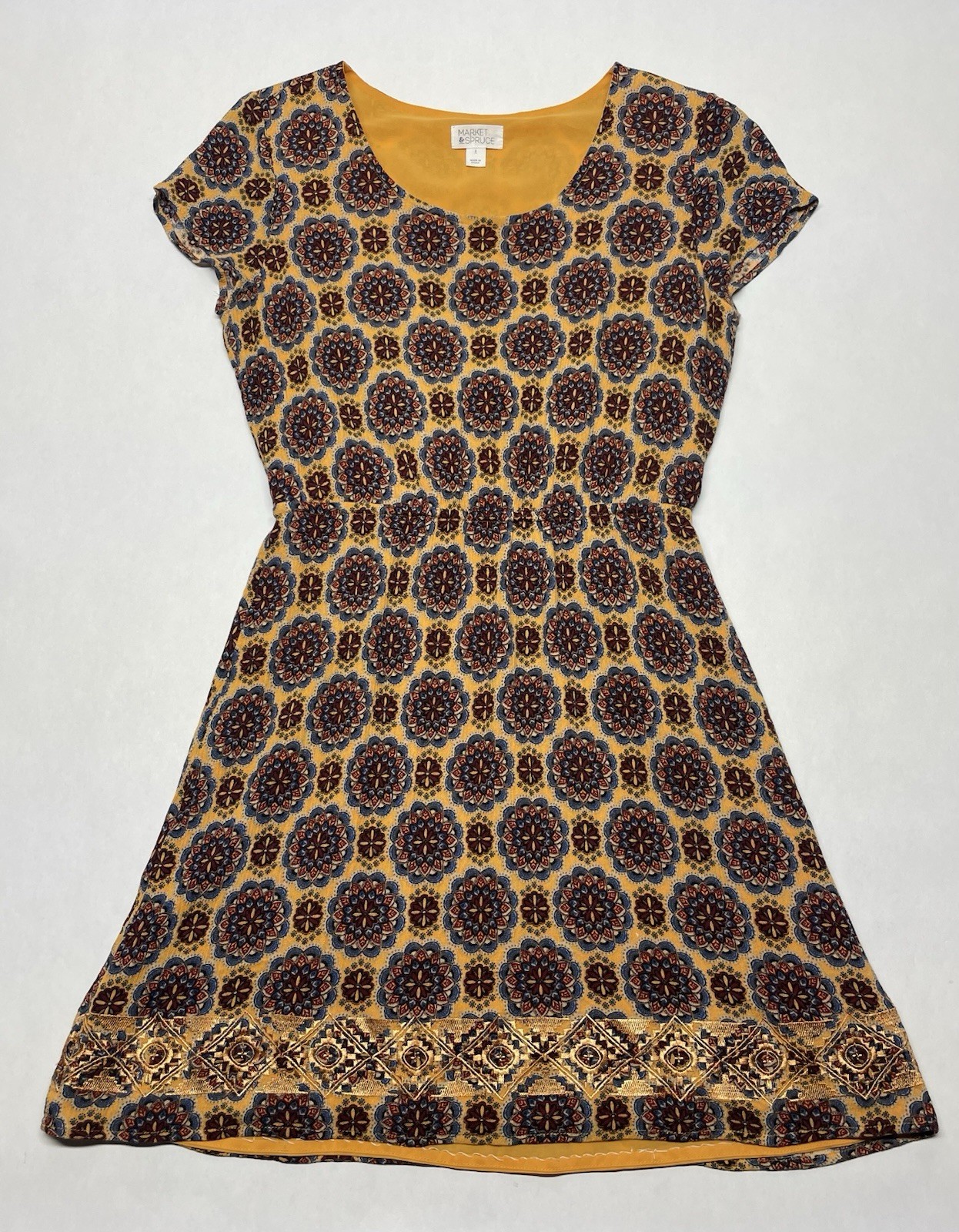 Golden Yellow Metallic Embroidered Mandala Dress Sz S Boho Funky Artsy Festival