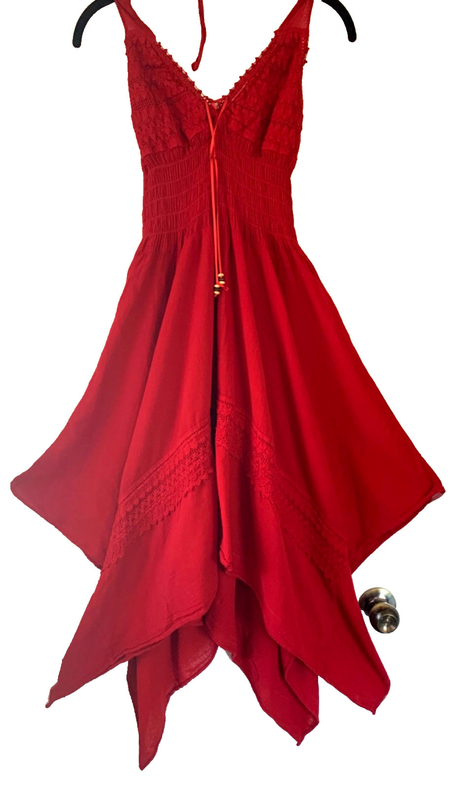 New Boho Mexican Cotton Handkerchief Dress, Small, Red Asymmetric Festival