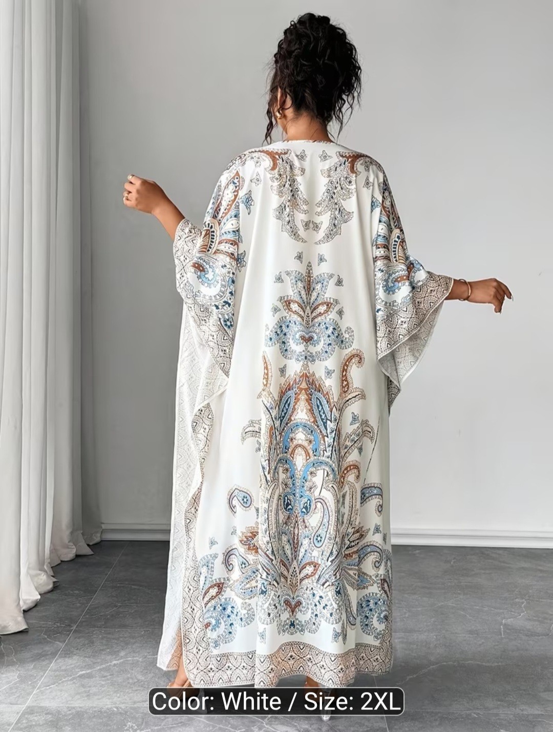 White Blue Brown Paisley Kaftan Maxi Dress Round Neck Pullover Women’s Plus 2XL
