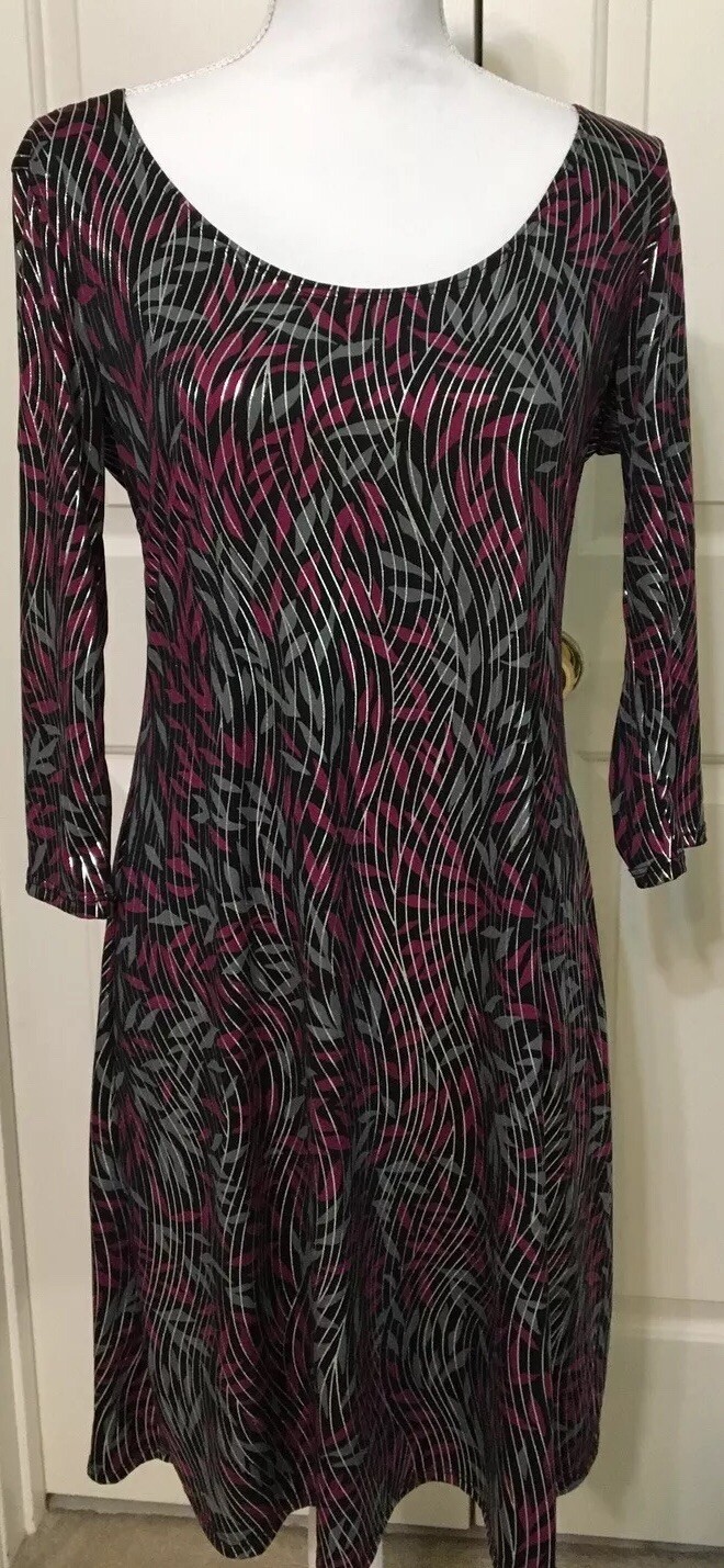 Metrostyle M black grey plum shiny silver floral 3/4 sleeve A-line dress women’s