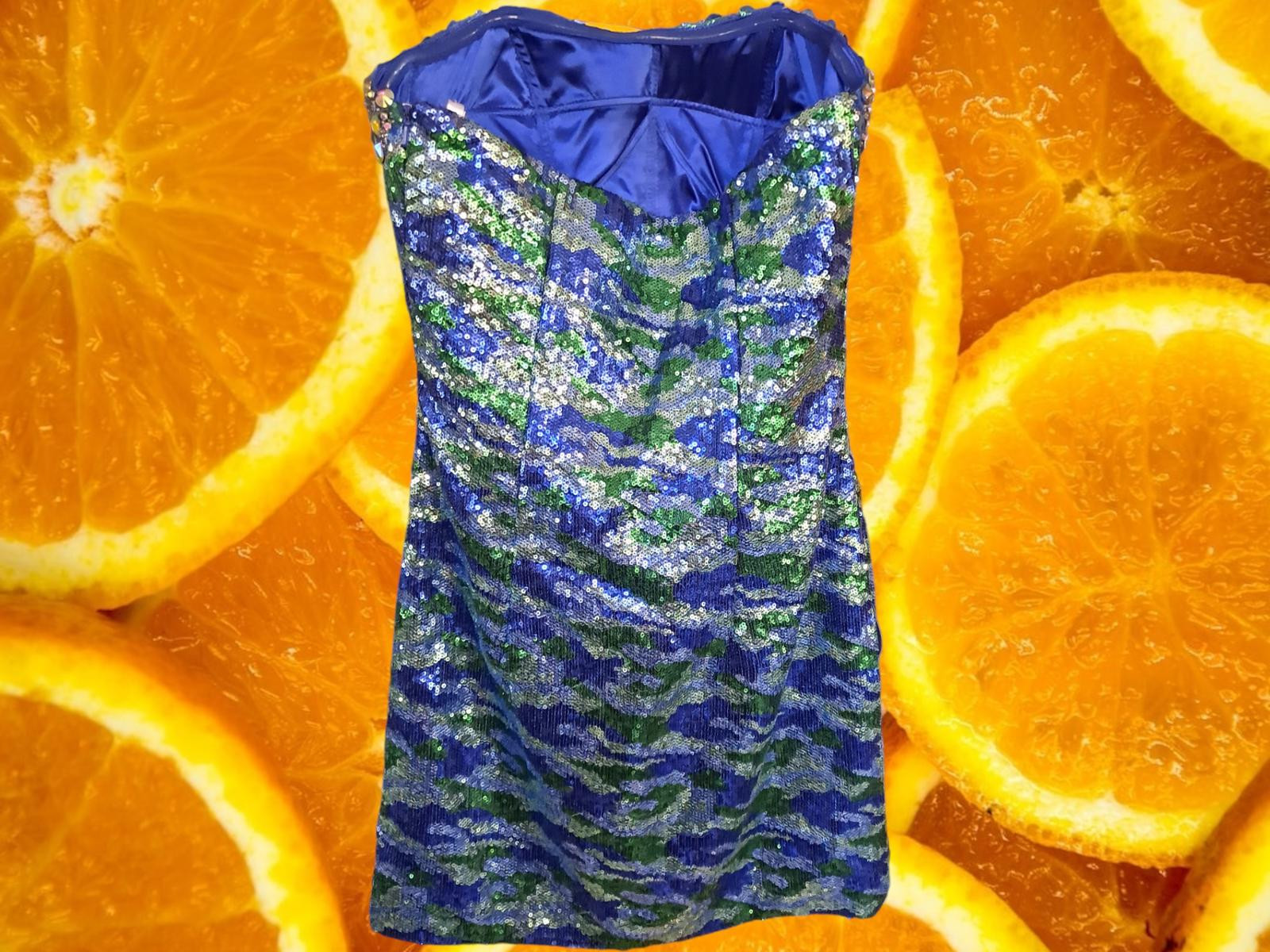 Partytime Green, Blue and Silver Sequin Strapless Dress Size 8