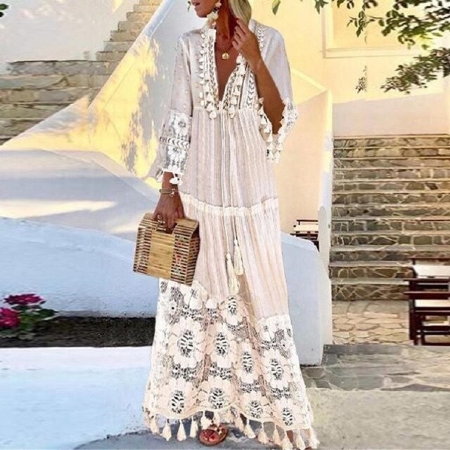 Vintage Lace Maxi Dress V-Neck 3/4 Sleeve XL Beige
