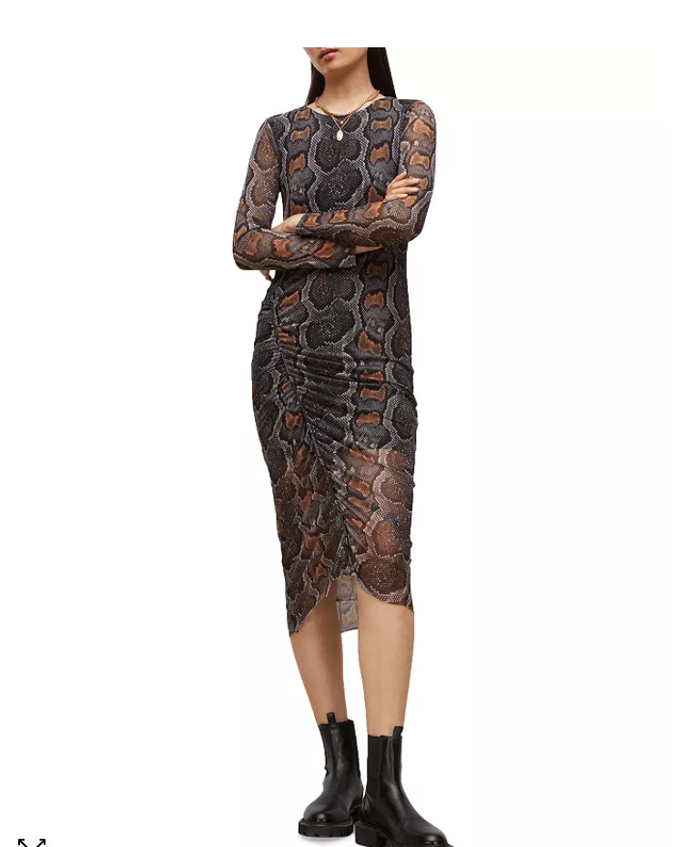 All Saints Dress Norma Long Sleeve Snake animal print Midi Bodycone Size Medium