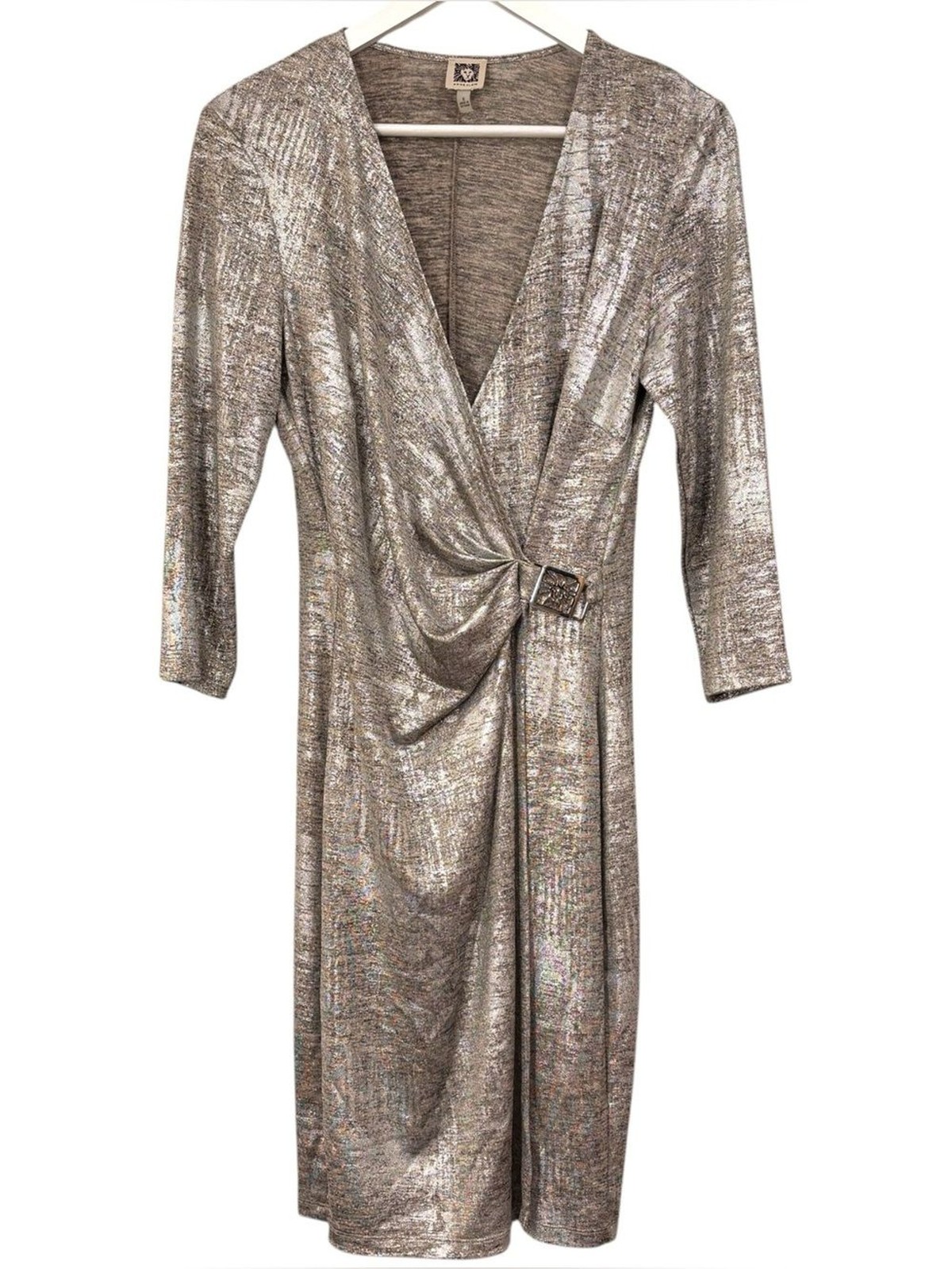 Anne Klein NWOT Metallic Silver Gold Faux Wrap Dress Size 6 US Womens