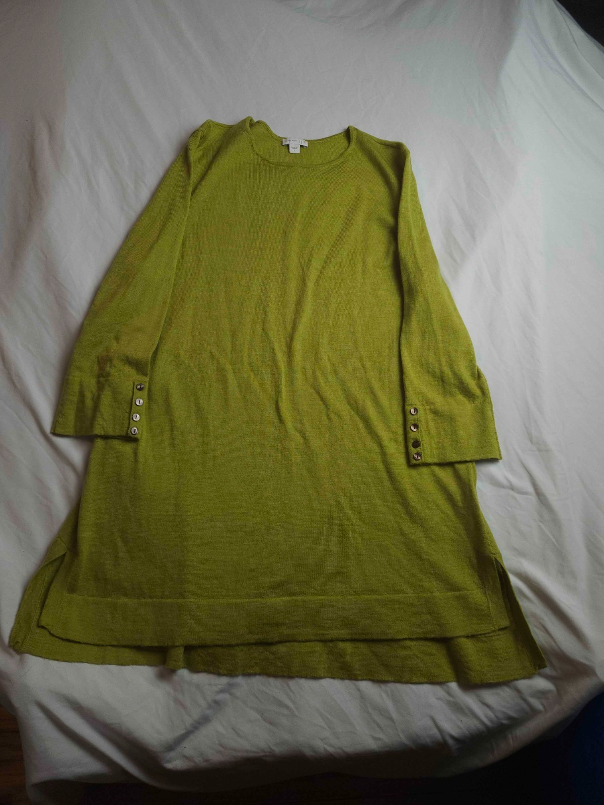 JJill Tunic Sweater Dress Womens Large Green Merino Wool Button Cuff Side Slit