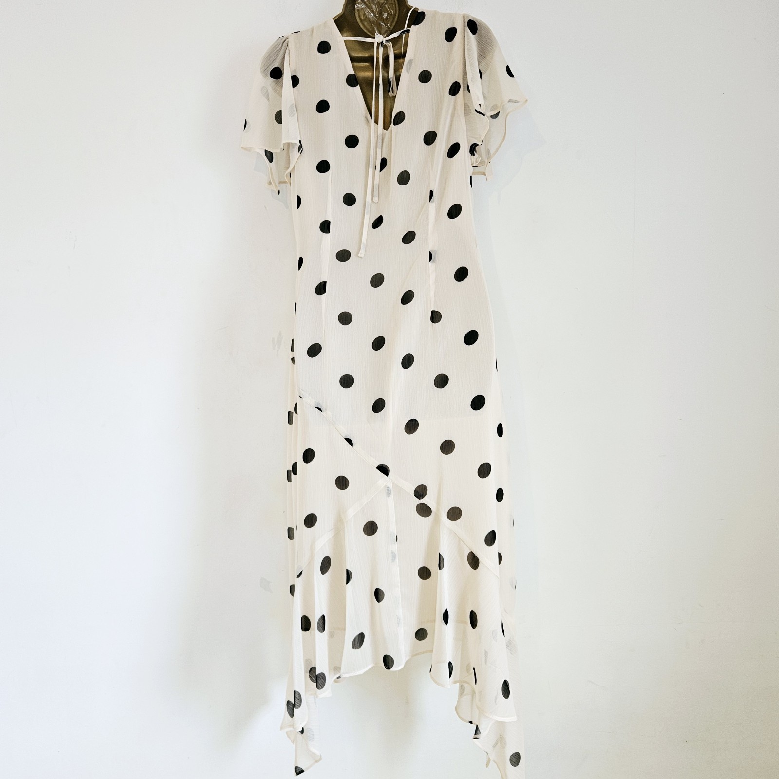 NEW ROMAN 12-24 Polka Dot Spotted Chiffon Beige Black Asymmetric Midi Tea Dress