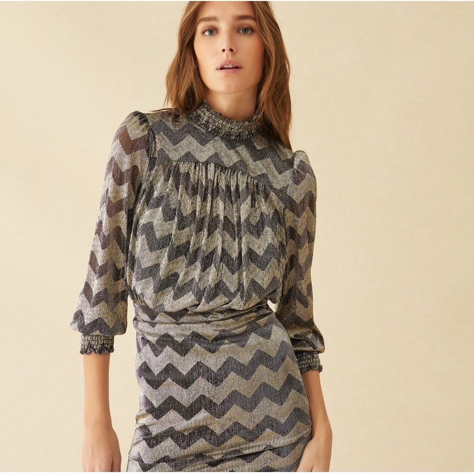 ba&sh Goldy Dress Size XS Anthracite Silver Metallic Chevron High Neck Chic Sexy