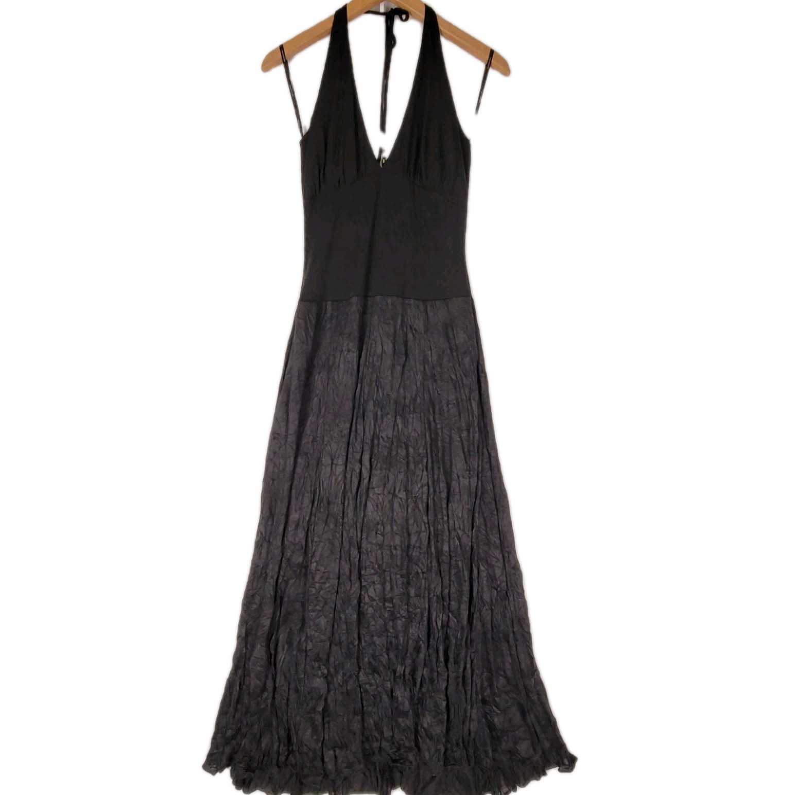 MY MICHELLE BLACK HALTER MIDI BUSTLE DRESS MEDIUM CRINKLE SKIRT USA VINTAGE