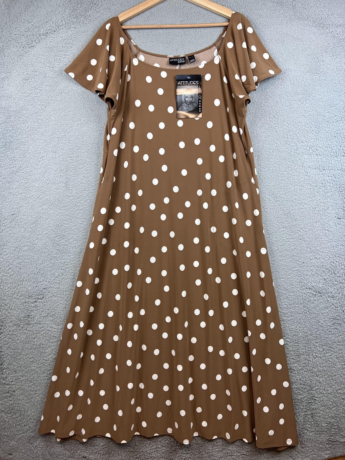 Attitudes By Renee Dress Womens XLP Petite Brown Polka Dot Maxi Flutter Pockets