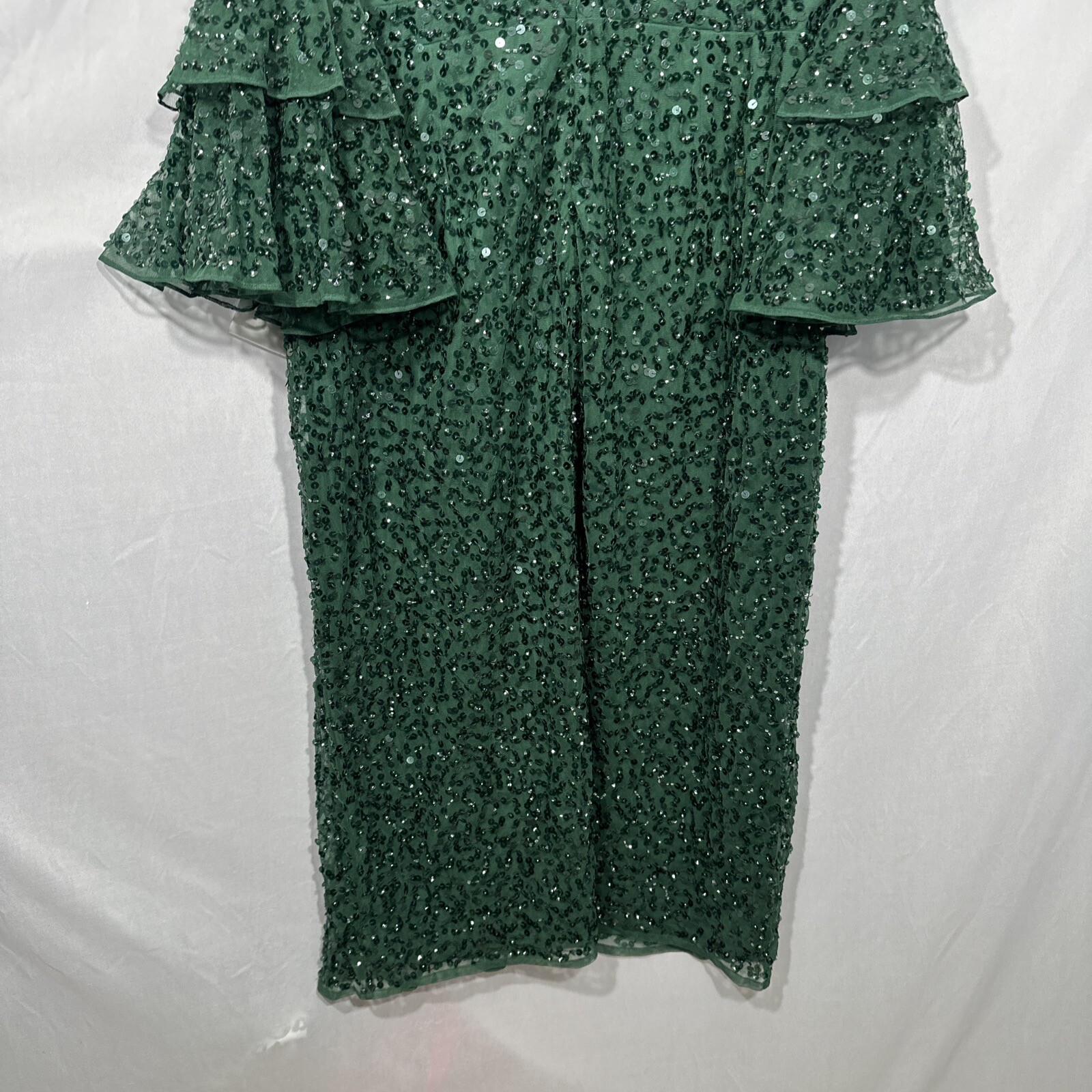 NWT $458 Mac Duggal [ 18 ] Sequined Ruffle Tiered Midi Dress Emerald #G1281
