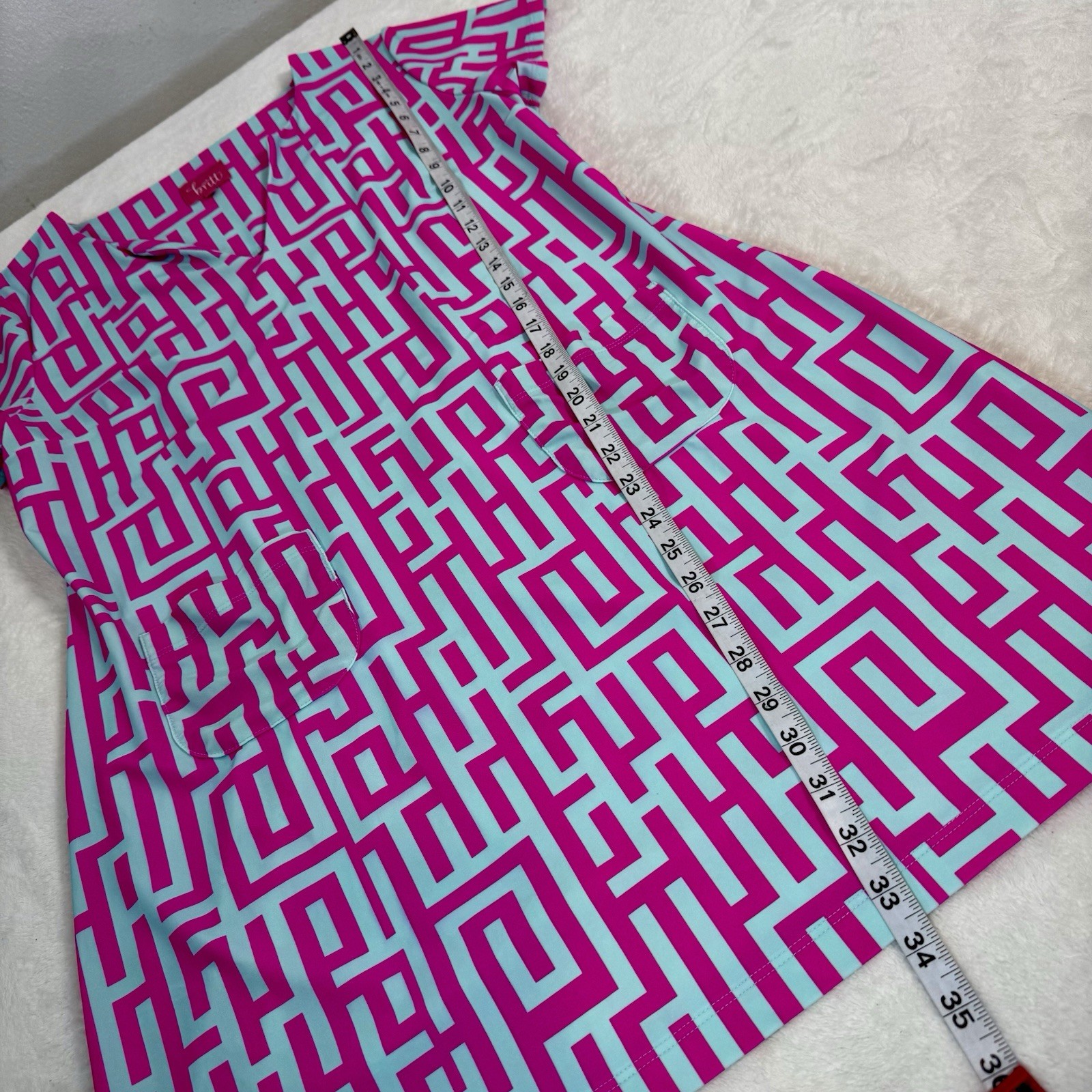 Britt by Britt Ryan Pink Blue Shift Dress Sz LG Nylon/Spandex V Neck Pockets