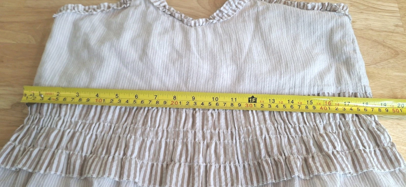 POL Womens Large Ivory Taupe Striped Tiered Sundress Smocked Empire Waist Boho