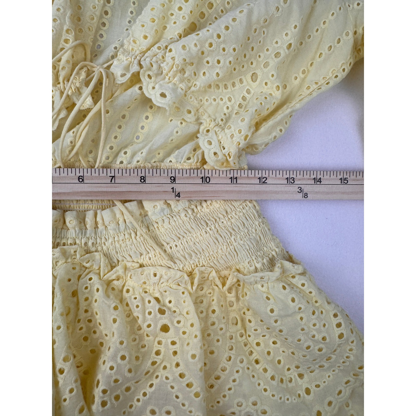 Mable Yellow Eyelet Cutout Mini Dress Women’s Medium Long Sleeve Cottagecore