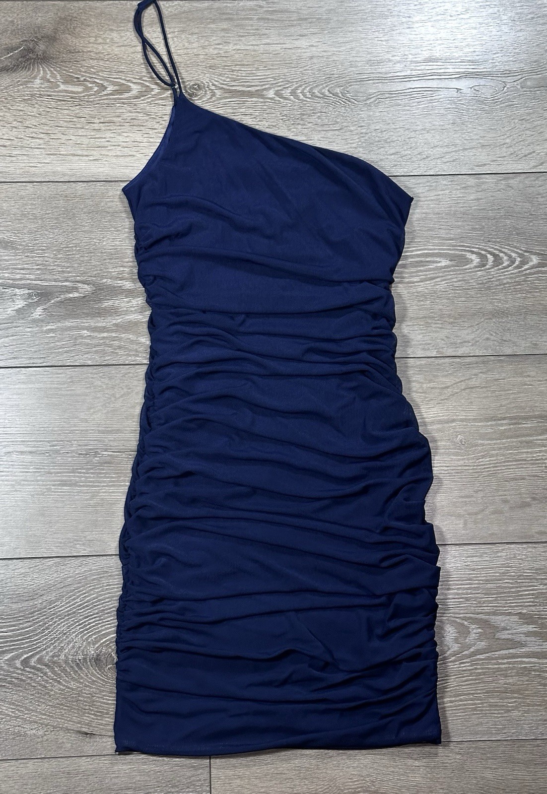 Cotton Candy LA Navy Ruched One Shoulder Mini Bodycon Dress S Mesh Asymmetrical