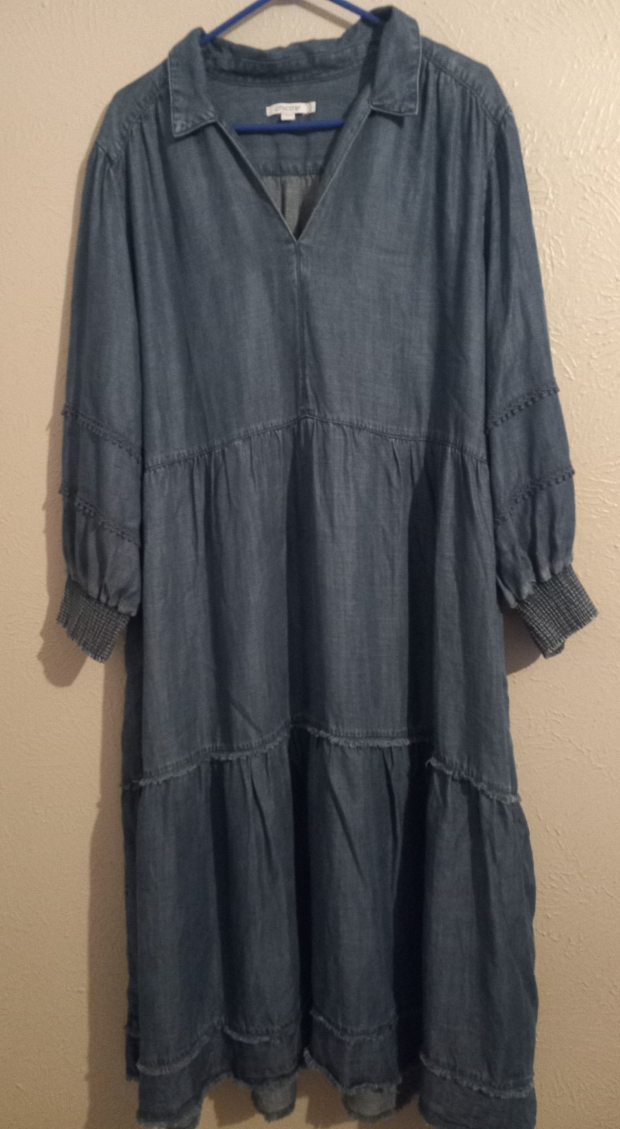 Chico’s Denim Tiered Midi Dress Lace Smocked Sz 4 U.S. Sz 20 Cowgirl Western y2k