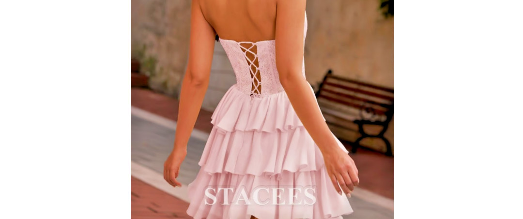 Stacee’s Elegant Dress. Strapless bodice adorned with dazzling rhinestone