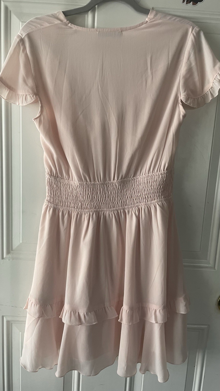Prettygarden Pink Solid V-Neck Short Sleeve Fit & Flare Chiffon Lined M