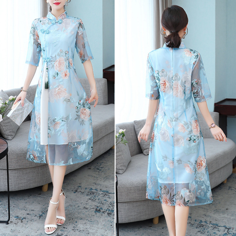 Ladies Flower Pattern Mesh Cheongsam Qipao Dress Side Slit Half Sleeve Elegant