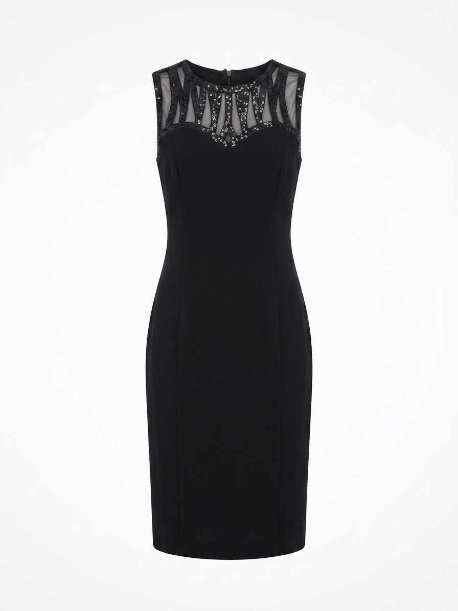 Mi Women’s Black Midi Dress Sheer Mesh Sequin Neckline Sleeveless Size 42 L