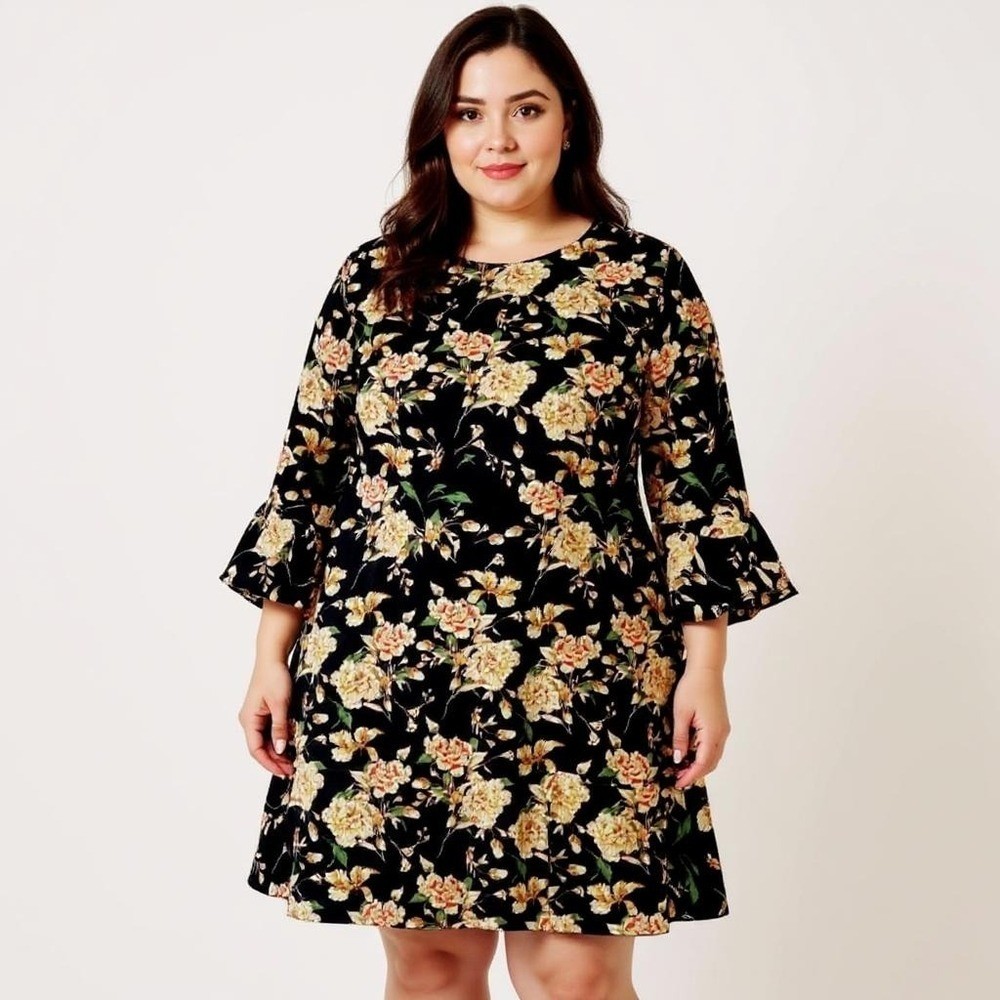 Anna Scholz Plus Size 24 Black Floral Dress Bell Sleeves Ruffles Stretch Fit