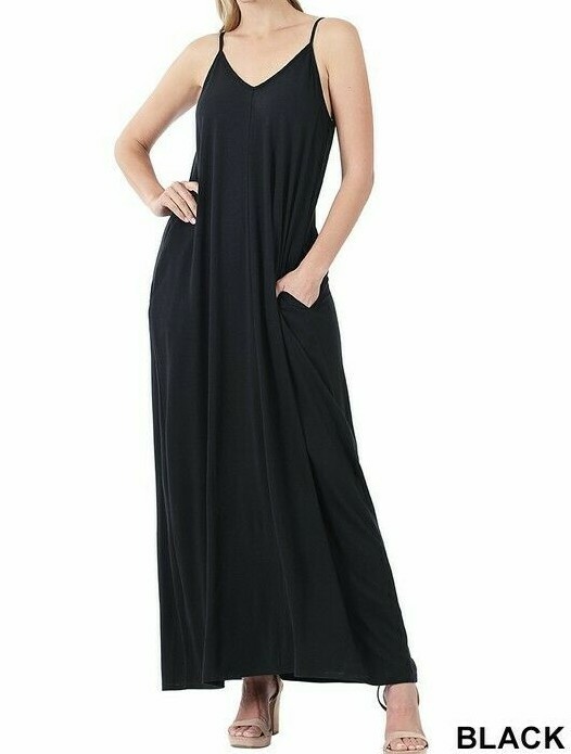 Zenana Maxi Dress V-Neck Adjustable Strap with Pockets Soft Jersey