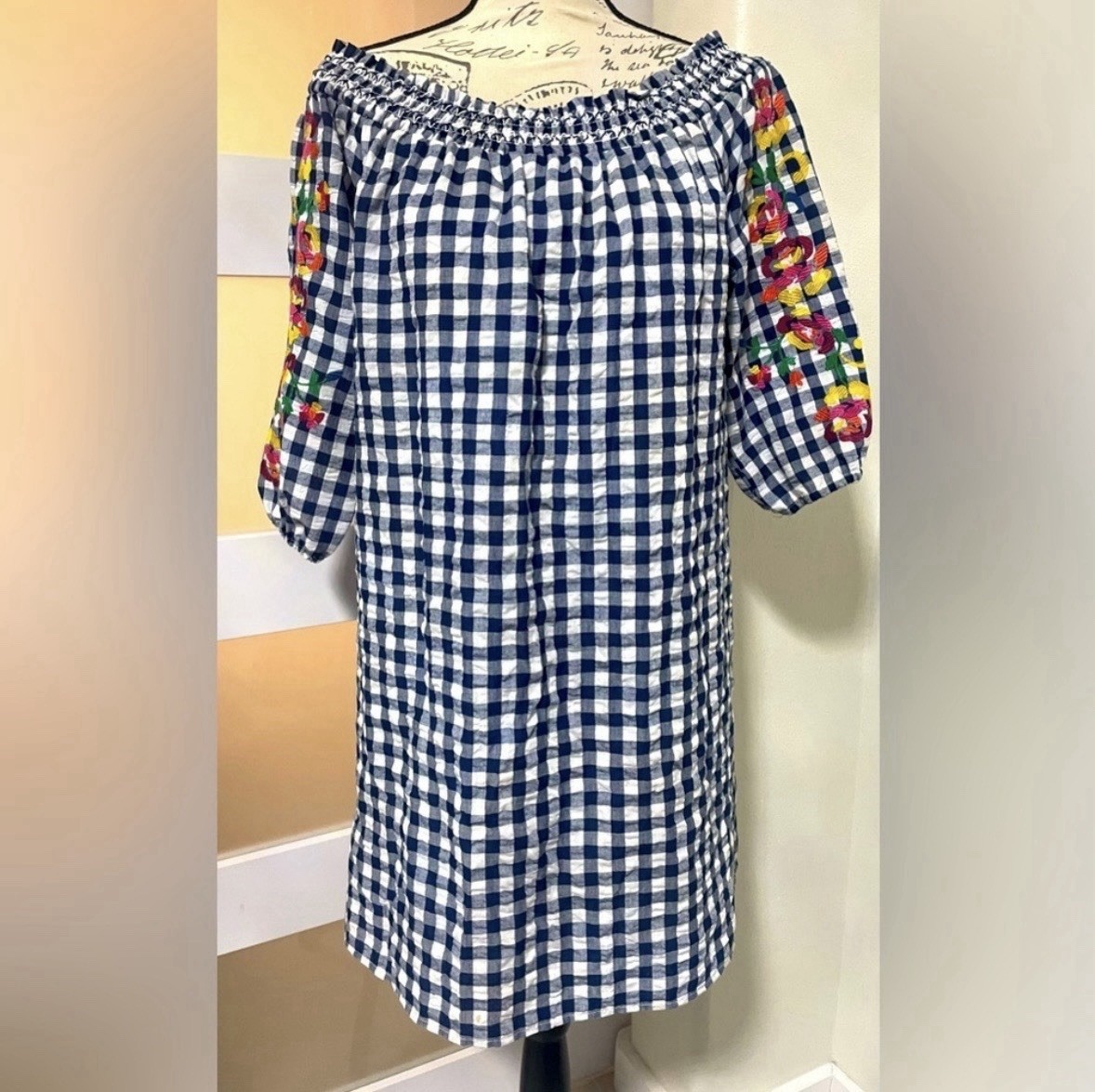 Skies Are Blue Sz M Shift Dress Mini Tunic Off Shoulder Cotton Embroidered Blue